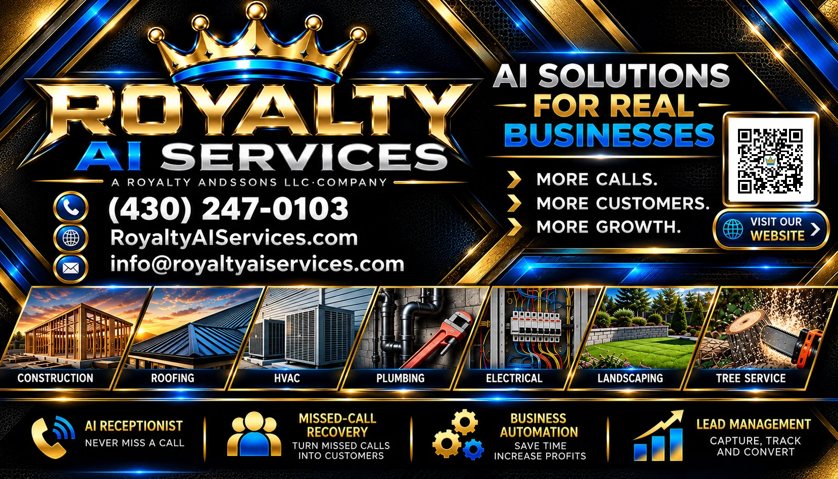 Royalty AI Services black, gold and electric-blue digital business card featuring construction, roofing, HVAC, plumbing, electrical, landscaping and tree service